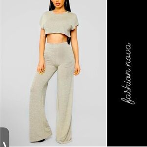 Fashion Nova Net & Chill Crop Top & Wide Leg Pant Set in Khaki • S